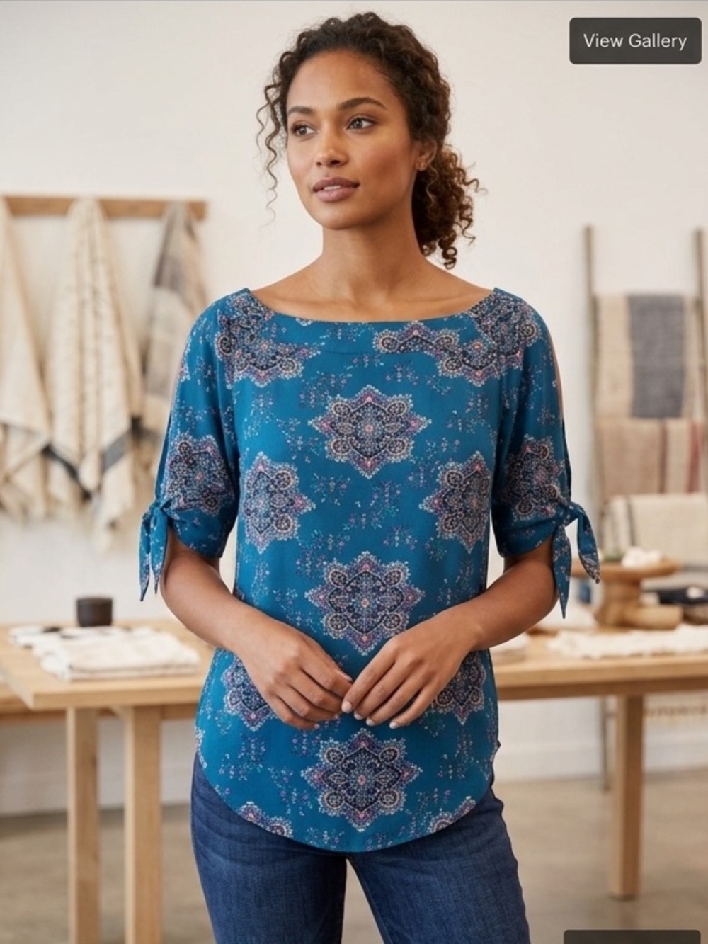 Renee C. Teal Medallion Tie-Sleeve Blouse